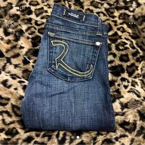 Rock & Republic Dark Blue Straight Leg Jeans with Yellow Stitching